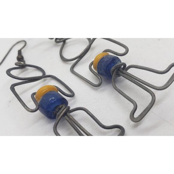 Vintage Earrings Wire Figural Man Person Handmade 1970s Person Boho Glass Beads - Picture 5 of 8
